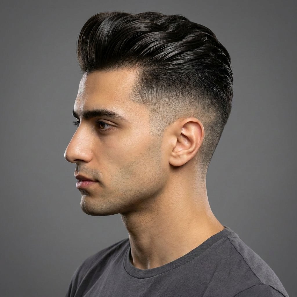 High Fade Pompadour saç modeli, temsili sağ görünüm