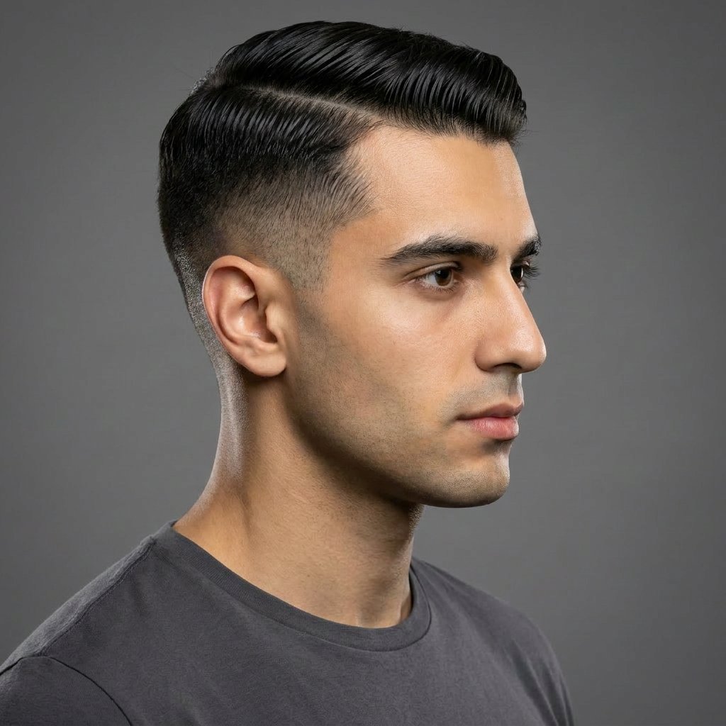 Mid Fade Comb Over saç modeli, temsili sağ görünüm