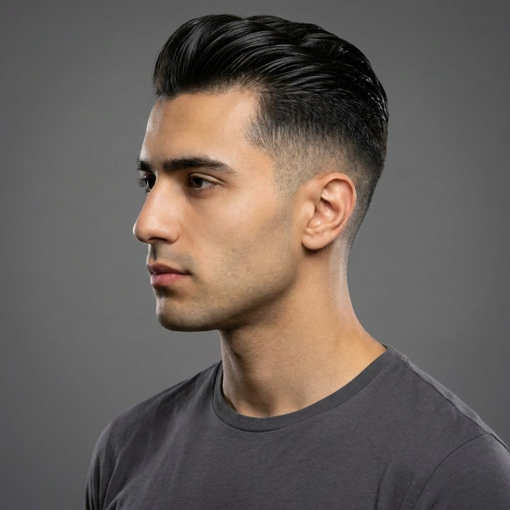 Mid Fade Slick Back saç modeli, temsili sağ görünüm